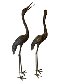 PAIR OF LARGE ANTIQUE BRONZE CRANE SCULPTURES 70"