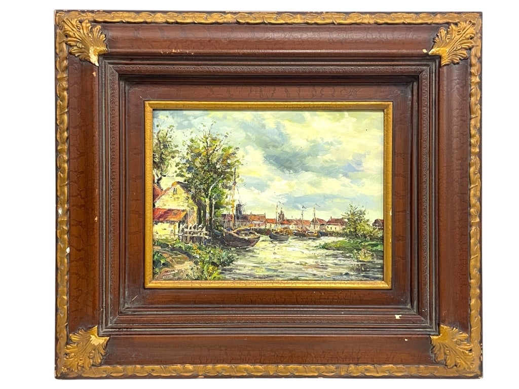 FRAMED PAINTING OF A RIVERSIDE VILLAGE 28" (1 of 8)