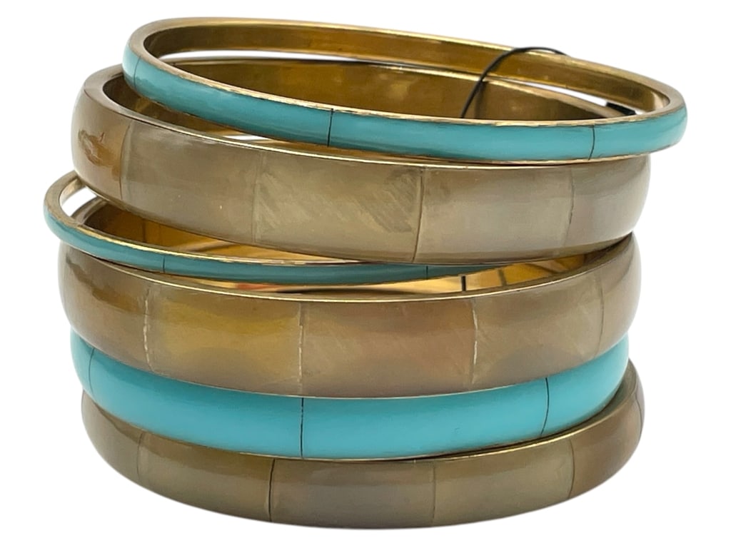NEW CHICO'S SET OF STACKING BANGLES: NEW CHICO'S SET OF STACKING BANGLES -NEW WITH TAG -ORIGINAL RETAIL $39.00 -SET OF SIX STACKING BANGLES IN POLISHED BRASS TONE AND TURQUOISE ENAMEL. MODERN, LIGHTWEIGHT, AND PERFECT FOR LAYERED WRIST S