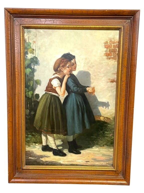 FRAMED PAINTING DEPICTING TWO YOUNG GIRLS 44.5" (1 of 4)