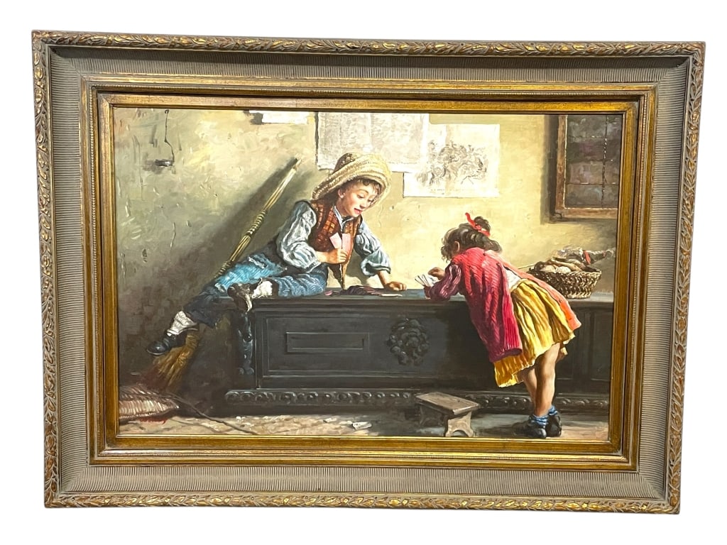 SIGNED PAINTING OF TWO CHILDREN 45": SIGNED PAINTING OF TWO CHILDREN IN A RUSTIC INTERIOR 45" -VERY GOOD PRE OWNED CONDITION -APPROX 45" X 3" X 34" -DEPICTING TWO CHILDREN IN A RUSTIC INTERIOR, ONE SITTING ON A BENCH PLAYING CARDS WHILE 