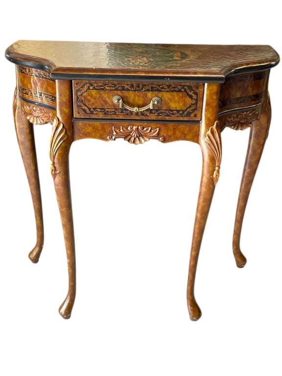 HAND-PAINTED BURLED WOOD DEMILUNE CONSOLE TABLE (1 of 9)