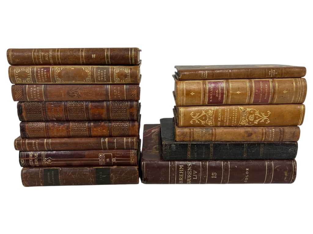 LOT OF 14 ANTIQUE LEATHER-BOUND EUROPEAN BOOKS 9" (1 of 6)