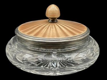 STERLING, CHAMPAGNE ENAMEL & GLASS JAR 64.4G