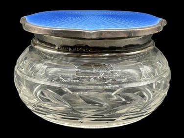 STERLING & BLUE ENAMEL CRYSTAL POWDER JAR 53.8G