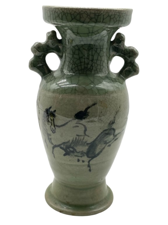 GREEN GLAZED CERAMIC VASE W/ HORSE MOTIF 10" (1 of 5)