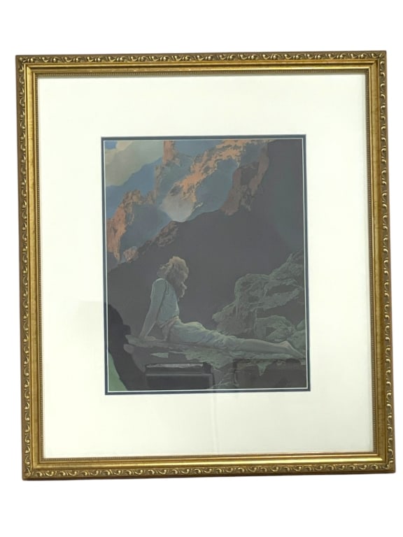 MAXFIELD PARRISH WILD GEESE FRAMED PRINT 25.5": VINTAGE MAXFIELD PARRISH WILD GEESE FRAMED PRINT -MAXFIELD PARRISH "DAWN" FRAMED PRINT. ENCHANTING SCENE OF A RECLINING FEMALE FIGURE AGAINST A DRAMATIC MOUNTAIN LANDSCAPE. CAPTIVATING "PARRISH BLUE"