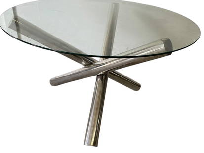 MODERN TUBULAR STAINLESS STEEL TABLE 48": TUBULAR STAINLESS STEEL JACKS TRIPOD COFFEE TABLE | MODERN MODERN ROUND GLASS COFFEE TABLE FEATURING A STRIKING POLISHED STAINLESS STEEL BASE WITH A SCULPTURAL, INTERSECTING CYLINDER DESIGN. THE BASE�