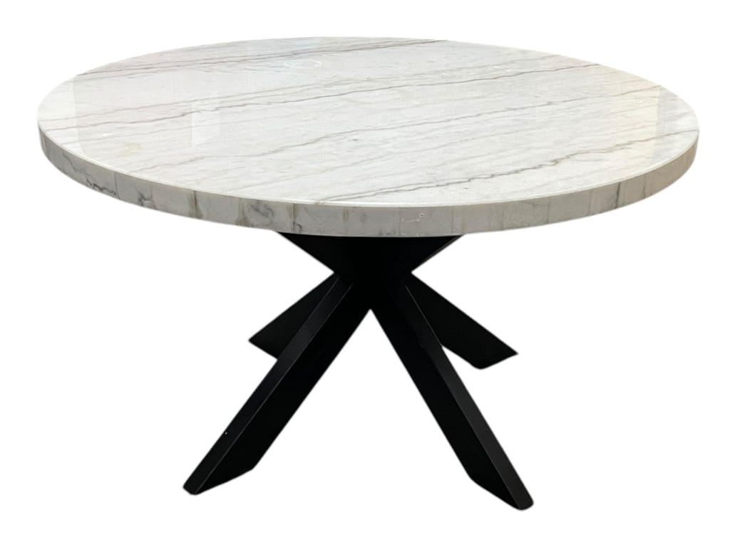 MODERN ROUND DINING TABLE MARBLE TOP 52": MODERN ROUND DINING TABLE FEATURING A POLISHED WHITE MARBLE TOP WITH NATURAL GRAY VEINING AND A STRIKING BLACK WOOD BASE. THE SLEEK, MINIMALIST DESIGN IS ANCHORED BY A SCULPTURAL CROSS-LEG SUPPORT THA