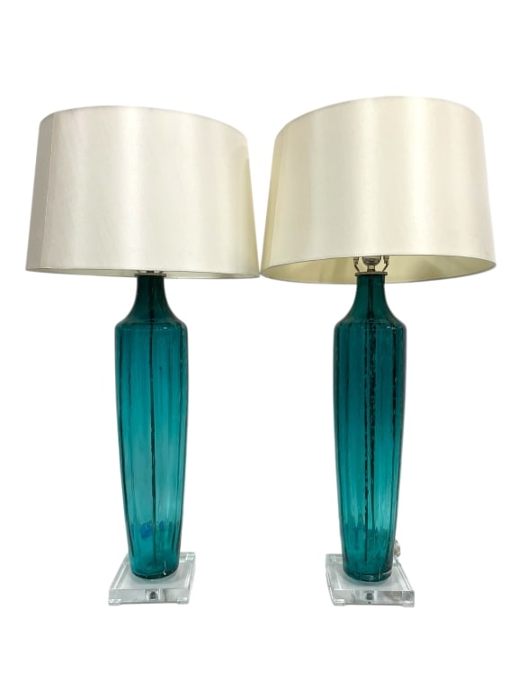 PAIR OF MODERN TEAL GLASS TABLE LAMPS 32" (1 of 6)