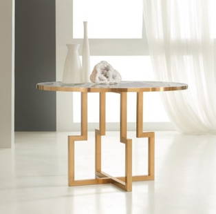 MODERN HISTORY ONYX TOP BRASS CENTER TABLE: MODERN HISTORY CENTER TABLE – MODEL MHX-19 – SATIN BRASS LACQUERED PLATED FINISH | ELEGANT AND ARCHITECTURAL, THIS DESIGNER CENTER TABLE FEATURES A SCULPTURAL SATIN BRASS BASE WITH A GEOMETRIC SIL