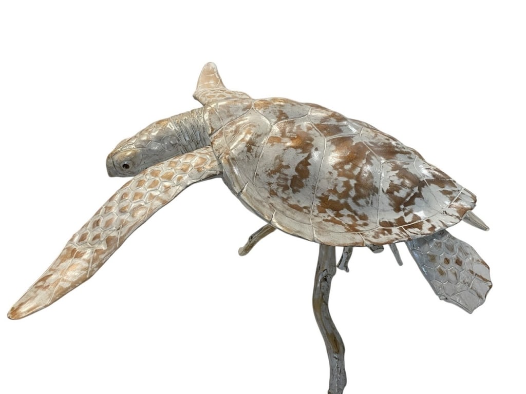 NEW HANDCARVED WHITEWASH TURTLE ART STAND 30": HANDCARVED WHITEWASH TURTLE ART STAND | COASTAL SEALIFE SCULPTURE -22"L 30"W 21"H -MADE FROM SAUR WOOD -NEW UNUSED CONDITION -DP22425