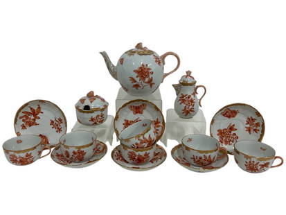 HEREND HUNGARY FORTUNA RUST TEA SET 5": - ELEGANT 15-PIECE HEREND PORCELAIN TEA SET IN THE CLASSIC BIRD RUST (FORTUNA RUST ) , EACH PIECE METICULOUSLY HAND-PAINTED WITH RUST-RED FLORALS AND FINISHED WITH RICH 24K GOLD ACCENTS. THIS LUXURY H
