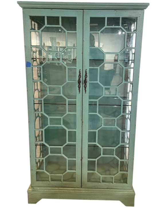 DISTRESSED TURQUOISE PAINTED GLASS FRONT CABINET (1 of 7)