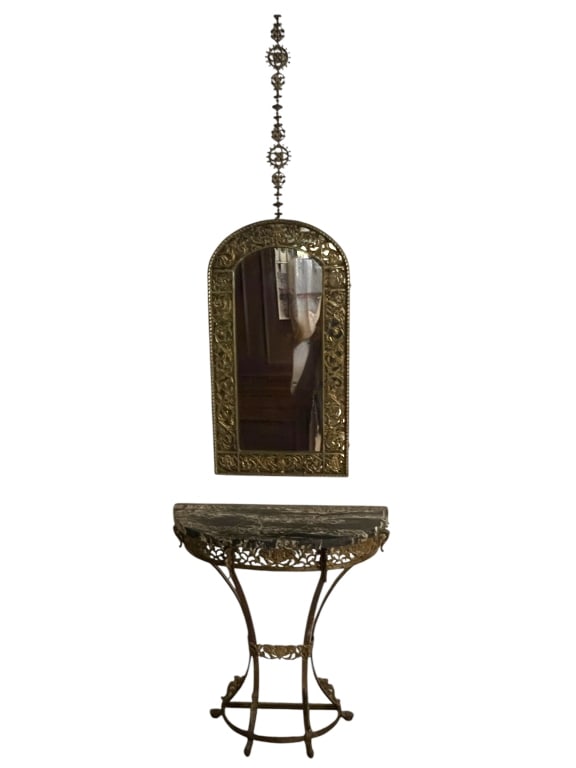 ANTIQUE FRENCH WROUGHT IRON CONSOLE & MIRROR: ANTIQUE FRENCH WROUGHT IRON DEMI-LUNE CONSOLE WITH STONE TOP & MIRROR SET -ORNATE WROUGHT IRON CONSOLE TABLE WITH MARBLE TOP, PAIRED WITH MATCHING MIRROR FEATURING DETAILED FILIGREE WORK AND A DECORAT