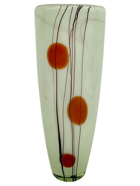 MURANO STYLE ART GLASS VASE 12": MURANO STYLE ART GLASS VASE 12" -VERY GOOD PRE OWNED CONDITION -APPROX 12" X 4.5" -FEATURES A FROSTED CLEAR BODY WITH VIBRANT ORANGE SPHERES AND FLOWING BLACK LINE ACCENTS, HAND-BLOWN DESIGN WITH SCUL