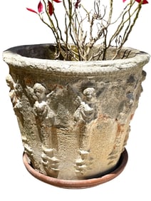 AGED CONCRETE PLANTER WITH CLASSICAL FIGURES 24"