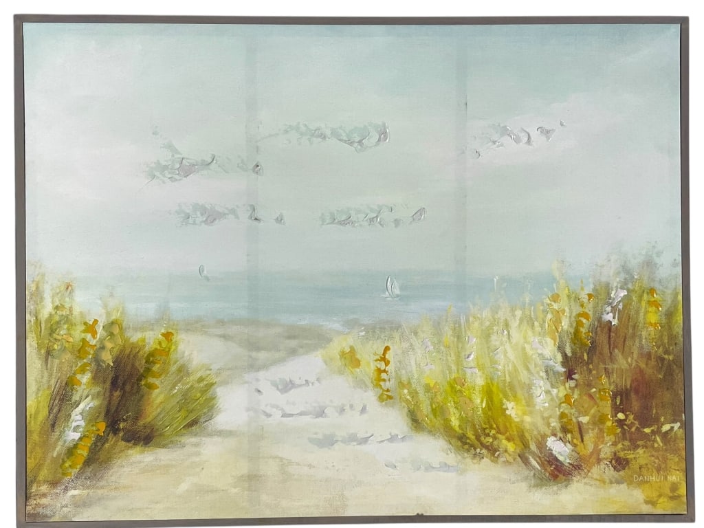 DISTANT SAILS DANHUI NAI GICLEE PRINT ON CANVAS: DISTANT SAILS BY DANHUI NAI GICLEE PRINT ON CANVAS -DANHUI NAI “DISTANT SAILS” GICLÉE PRINT ON CANVAS – SOFT, SERENE COASTAL LANDSCAPE WITH TEXTURED BRUSHWORK DEPICTING DISTANT WHITE SAILBO