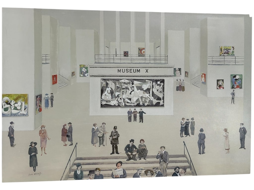 LUCIEN FEITUSSI "GATHERING ON THE STAIRCASE" 60": - GICLÉE ON CANVAS TITLED “GATHERING ON THE STAIRCASE” BY FRENCH ARTIST LUCIEN FEITUSSI, FROM HIS SERIES “AT THE MUSEUM.” THIS 42" X 60" LIMITED EDITION PRINT CAPTURES A SURREAL MUSEU