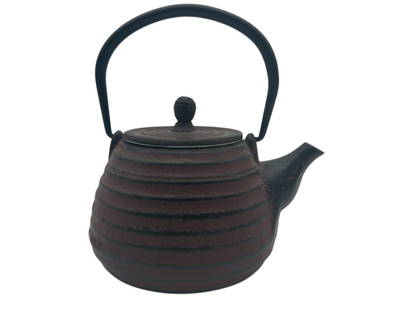 TRADITIONAL JAPANESE CAST IRON TEAPOT 4": - TRADITIONAL JAPANESE CAST IRON TEAPOT WITH A STRIKING RIDGED SURFACE AND RICH REDDISH-BROWN FINISH, COMPLETE WITH BLACK ENAMEL INTERIOR AND REMOVABLE STAINLESS STEEL MESH INFUSER BASKET. THE FORM IS