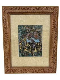 BALINESE PAINTING IN HAND-CARVED WOOD FRAME 21"
