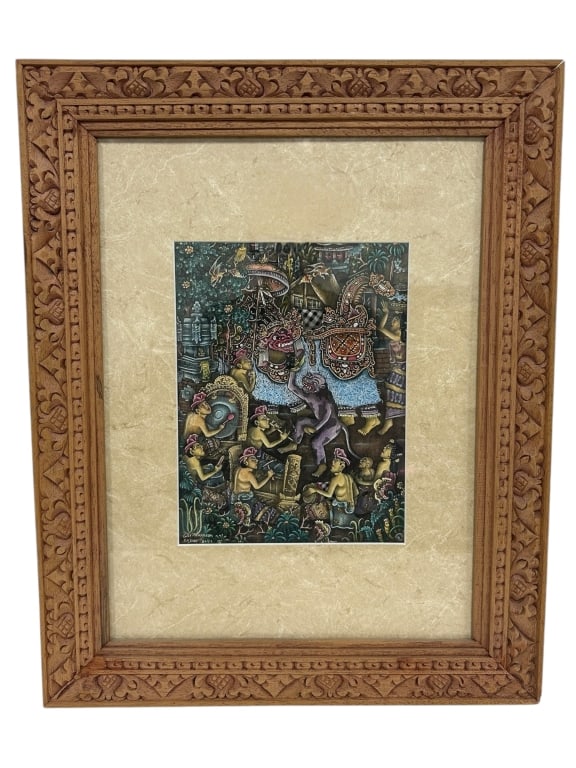 BALINESE PAINTING IN HAND-CARVED WOOD FRAME 21" (1 of 4)