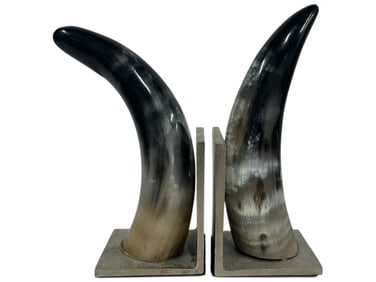 PAIR OF HORN BOOKENDS ON METAL BASE 10.5"