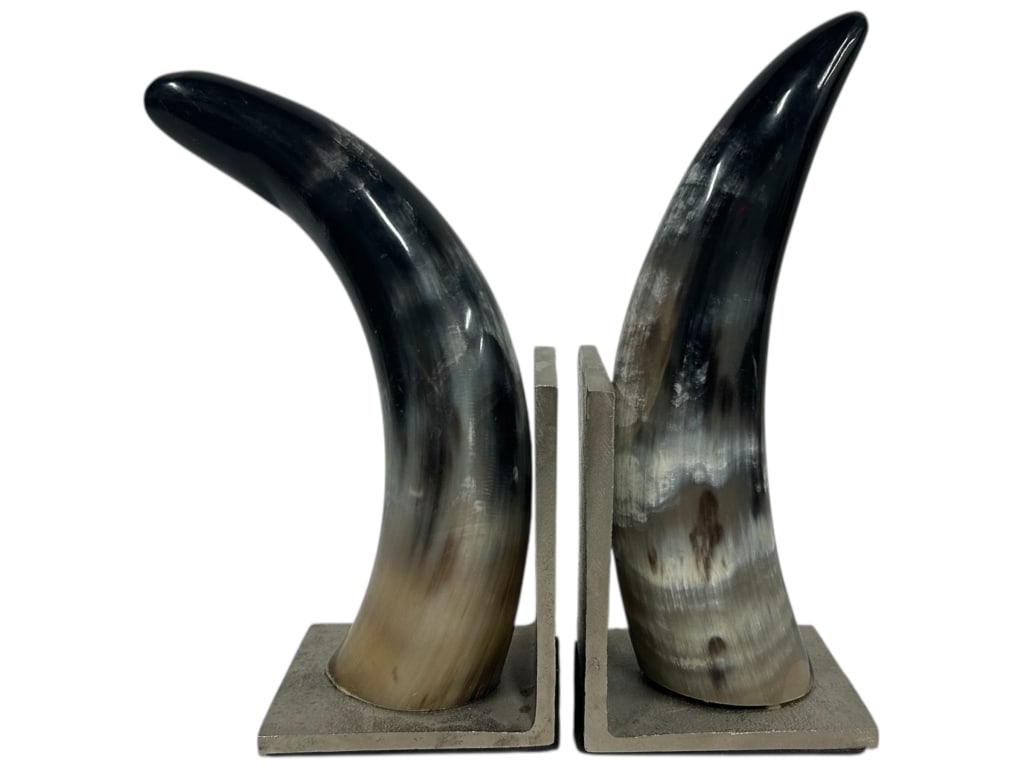 PAIR OF HORN BOOKENDS ON METAL BASE 10.5" (1 of 6)