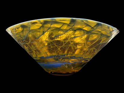 HAND BLOWN ITALIAN ART GLASS CONICAL BOWL 7": - STRIKING MID-SIZED ART GLASS BOWL WITH A DRAMATIC FLARED CONICAL FORM AND RICHLY MARBLED COLORATION IN AMBER-GOLD, BLUE, AND EARTHY TONES. HAND-BLOWN WITH EXPRESSIVE SWIRLS AND WISPS OF COLOR CREATI
