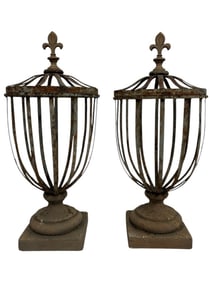 PAIR OF LARGE DECORATIVE RUSTIC METAL URNS 32"