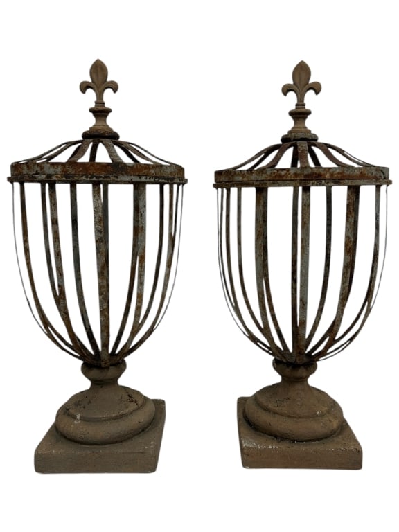 PAIR OF LARGE DECORATIVE RUSTIC METAL URNS 32" (1 of 5)