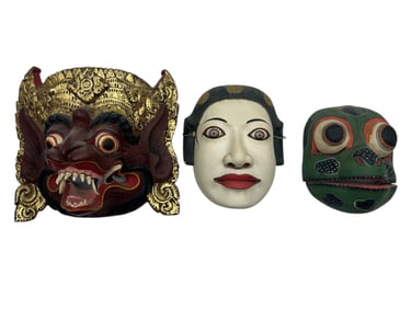 SET OF THREE BALINESE HAND-CARVED WOODEN MASKS