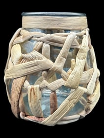 BLOWN GLASS VESSEL WITH NATURAL REED WRAP 5.5"