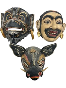 SET OF THREE BALINESE HAND-CARVED WOODEN MASKS 10"
