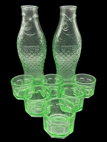 VINTAGE HERRING BAR GREEN GLASS FISH DECANTER SET