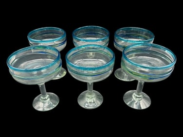 SET OF 6 HAND-BLOWN BLUE RIM MARGARITA GLASSES 6"