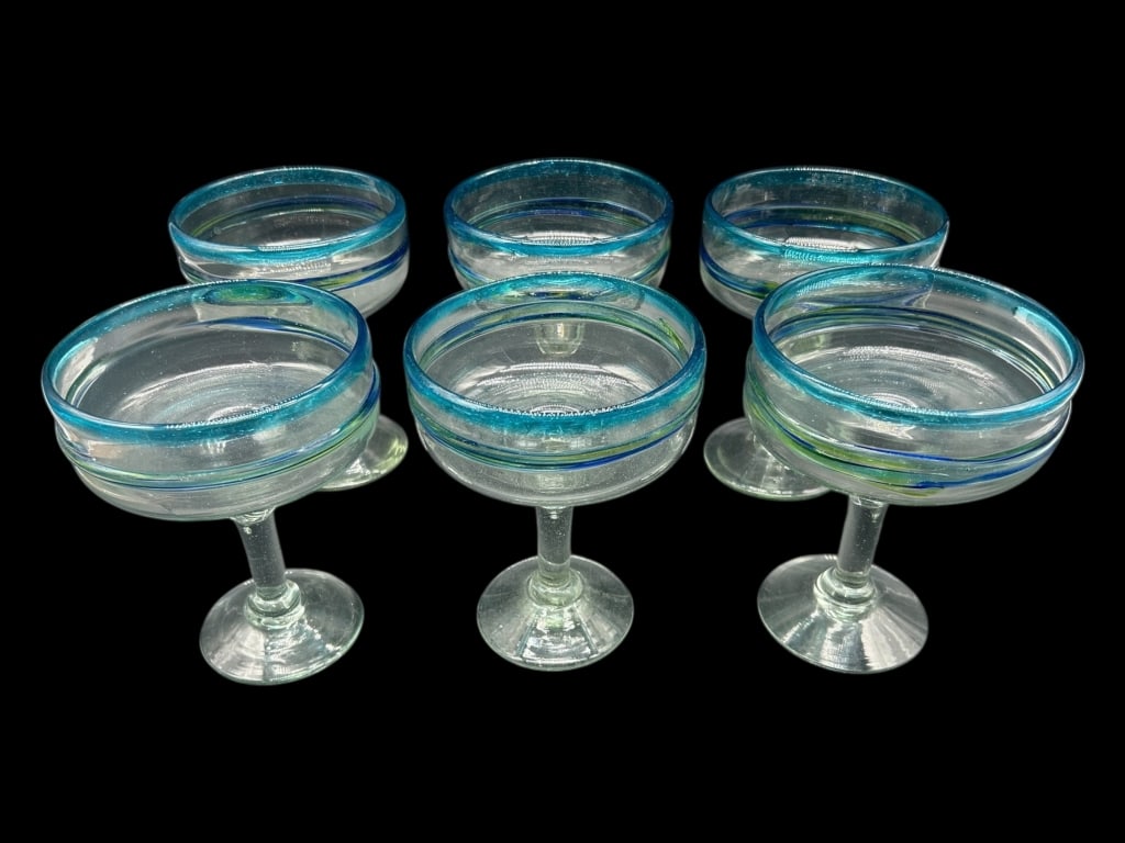 SET OF 6 HAND-BLOWN BLUE RIM MARGARITA GLASSES 6" (1 of 5)