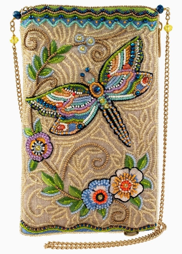 MARY FRANCES SOARING SPIRIT DRAGONFLY CROSSBODY: MARY FRANCES SOARING SPIRIT DRAGONFLY CROSSBODY Description A detailed beaded & embroidered dragonfly soars across the front of this colorful crossbody phone bag in a soothing color palette. Mary Fran