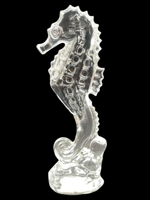 WATERFORD CRYSTAL SEAHORSE FIGURINE 7.5": - LEAD CRYSTAL SCULPTURE FROM THE WATERFORD "CAPE COLLECTION," MADE IN IRELAND. THIS EXQUISITE PIECE FEATURES INTRICATE DETAILING WITHIN THE CLEAR CRYSTAL BODY, SHOWCASING THE BRAND'S SIGNATURE BRILLI