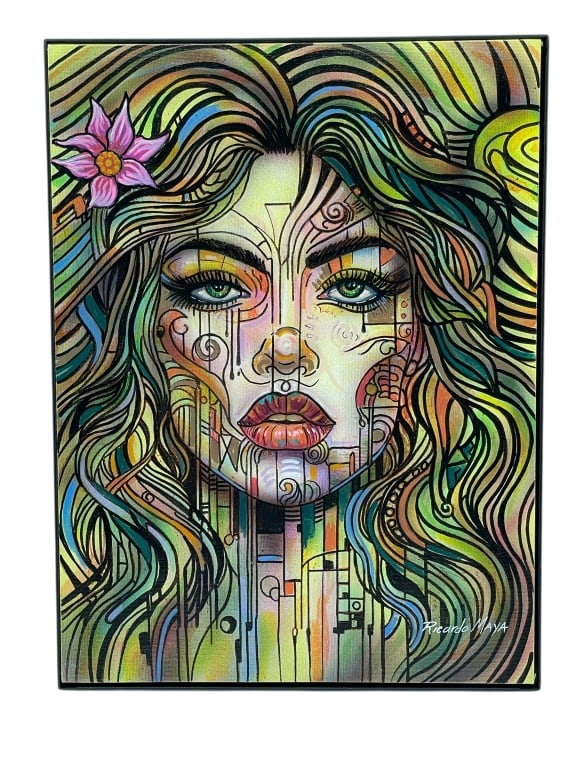 RICARDO MAYA ORIGINAL PAINTING 24": RICARDO MAYA ORIGINAL PAINTING – STRIKING 16" X 12" PORTRAIT OF A WOMAN, RENDERED IN MAYA'S DISTINCTIVE PSYCHEDELIC-CUBIST STYLE. THE FEMALE SUBJECT IS DEPICTED WITH HYPNOTIC GREEN EYES, LUSH LIPS,