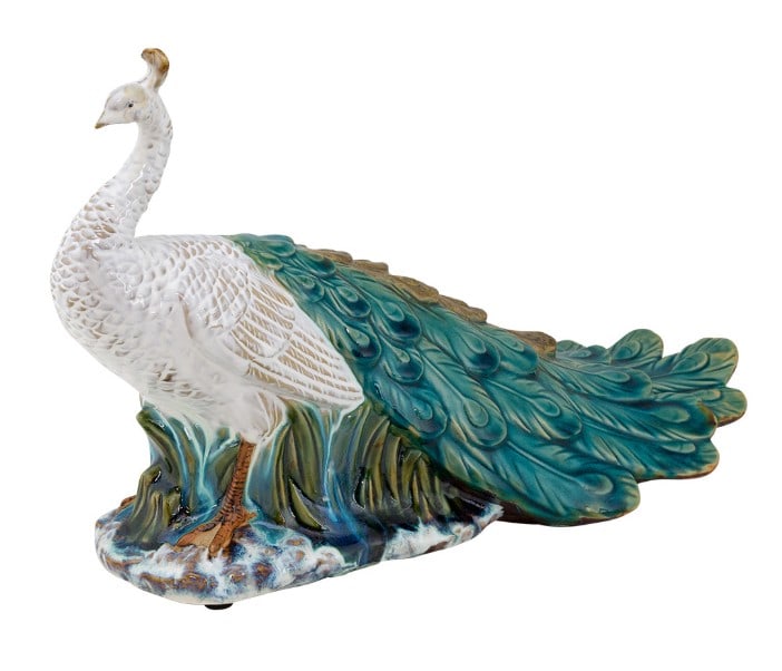 MAJOLICA STYLE AFSHARI CERAMIC PEACOCK FIGURINE: MAJOLICA STYLE AFSHARI CERAMIC PEACOCK FIGURINE -NEW CONDITION -17L X 7.5W X 11H -THIS MAJESTIC HOME DECOR ACCENT PIECE SHOWCASES A GRACEFUL WHITE PEACOCK IN A RESTING POSE, ADORNED WITH INTRICATELY D