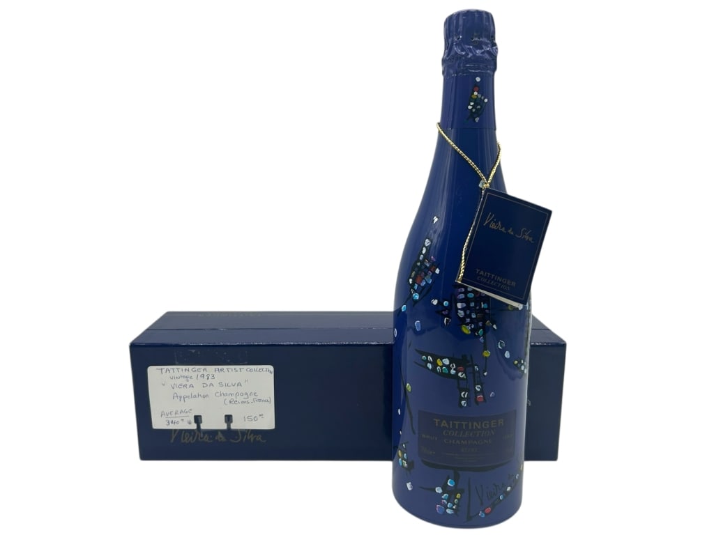 TATTINGER VIEIRA DA SILVA CHAMPAGNE 14": - TATTINGER ARTIST COLLECTION VIEIRA DA SILVA CHAMPAGNE – A RARE, LIMITED EDITION BOTTLE FROM THE PRESTIGIOUS TATTINGER ARTIST SERIES, FEATURING A STRIKING DESIGN BY RENOWNED PORTUGUESE ARTIST MARIA