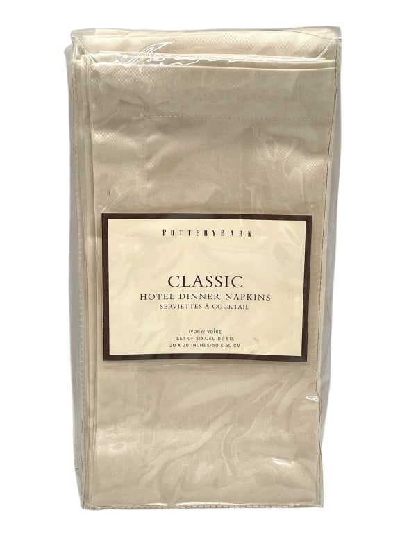 NEW POTTERY BARN 6 CLASSIC HOTEL DINNER NAPKINS: NEW POTTERY BARN SET OF 6 CLASSIC HOTEL DINNER NAPKINS -NEW IN BAG -SET OF 6 NAPKINS -DESIGNED FOR ELEGANT DINING OR COCKTAIL SETTINGS. BRAND NEW IN ORIGINAL PACKAGING -JA 052025 ***By placing a bid o