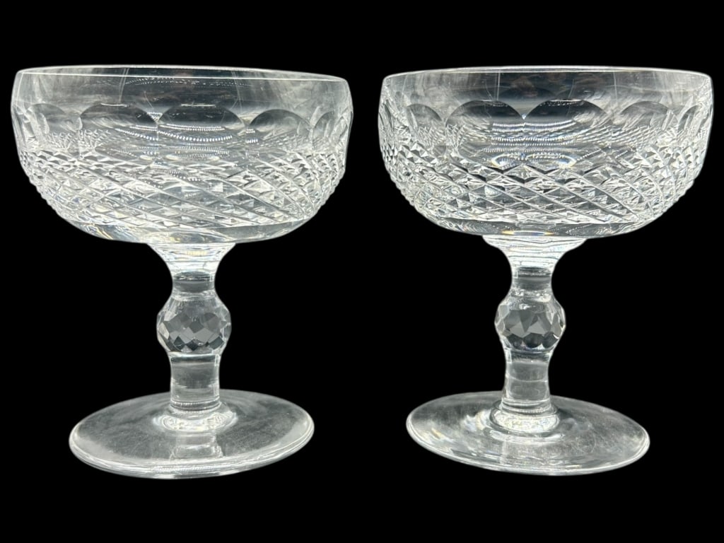 PAIR OF WATERFORD CRYSTAL CHAMPAGNE GLASSES 4.5": - STUNNING HAND-CUT DESIGN WITH DEEP DIAMOND PATTERNING, PANEL CUTS, AND A BEAUTIFULLY BALANCED FACETED BALL STEM – ELEGANTLY PROPORTIONED FOR CHAMPAGNE, COCKTAILS, OR DESSERT SERVICE – EACH GLASS
