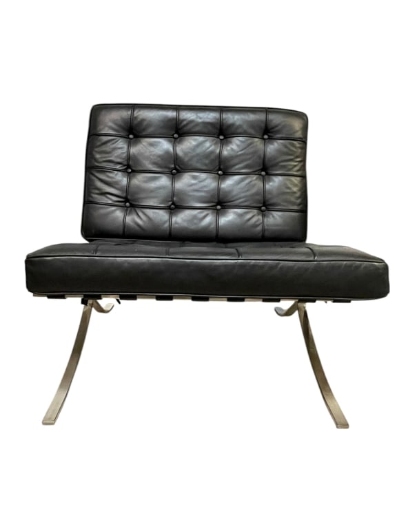 BARCELONA STYLE X BASE LOUNGE CHAIR: BARCELONA STYLE LOUNGE CHAIR INSPIRED BY KNOLL -DESCRIPTION: ICONIC BARCELONA STYLE LOUNGE CHAIR INSPIRED BY THE ORIGINAL DESIGN FOR KNOLL ( MIES VAN DER ROHE) , FEATURING TUFTED BLACK LEATHER UPHOLST