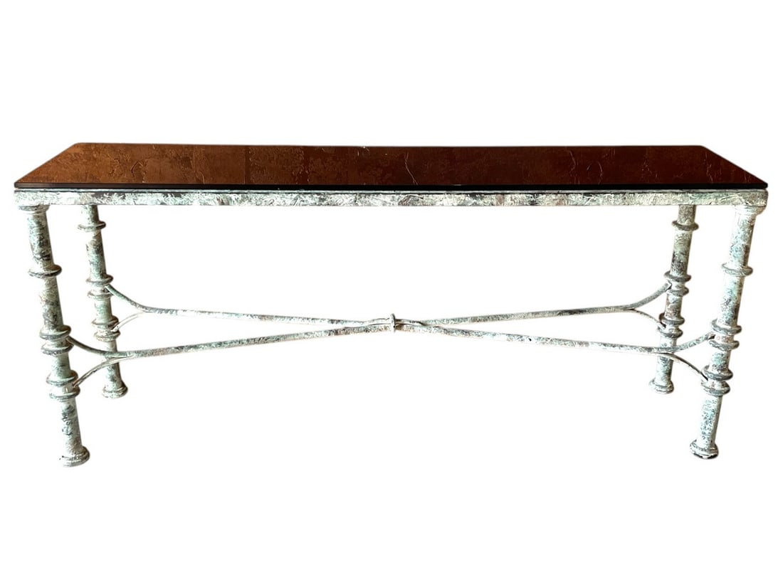 VINTAGE WROUGHT IRON CONSOLE SOFA TABLE 68": VINTAGE WROUGHT IRON CONSOLE SOFA TABLE -30" x 68" x16" APPROX -GOOD PRE OWNED CONDITION SMALL CHIP TO GLASS TOP -DP21425