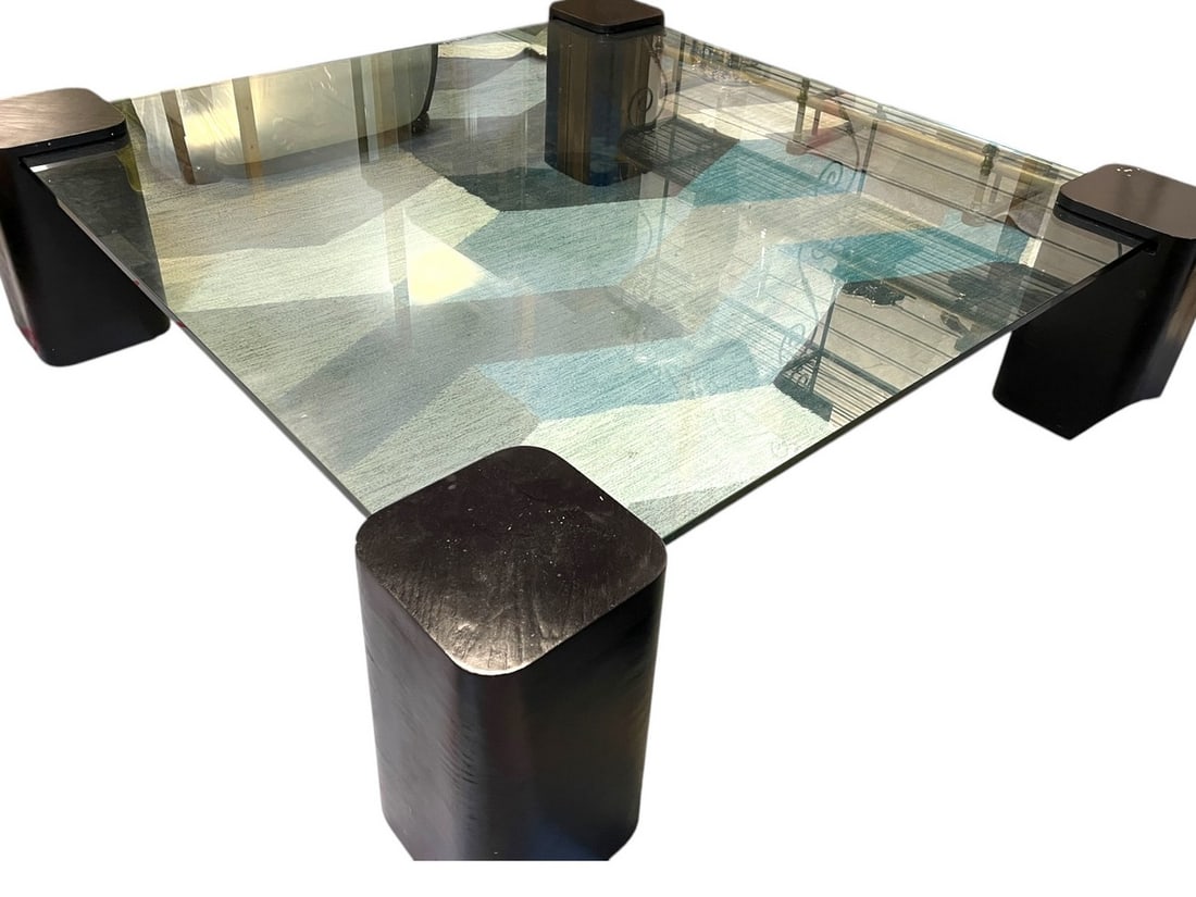 MODERN GLASS COFFEE TABLE W WOOD BLOCK BASE 66" (1 of 8)