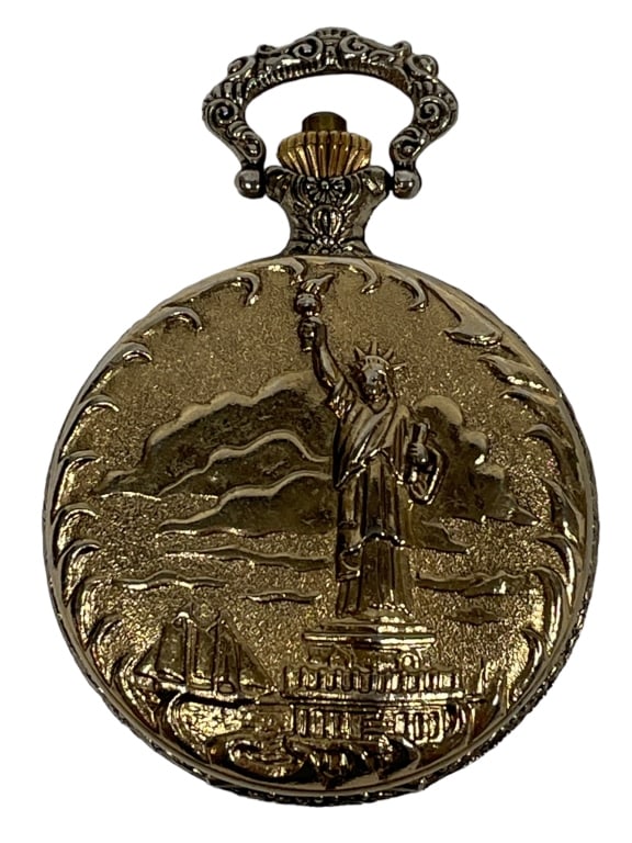 1986 OLYMPIC LTD EDT COMMEMORATIVE QUARTZ watch: 1986 OLYMPIC LTD EDT COMMEMORATIVE QUARTZ POCKET WATCH, STATUE OF LIBERTY -VERY GOOD PRE OWNED CONDITION
