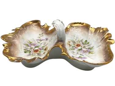 VINTAGE CARL TIELSCH FLORAL PORCELAIN 2 SECTION DH