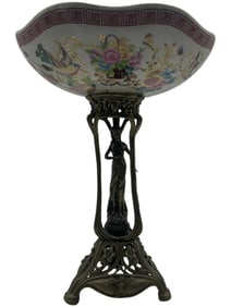 PORCELAIN COMPOTE WITH FIGURAL METAL BASE 13.5"
